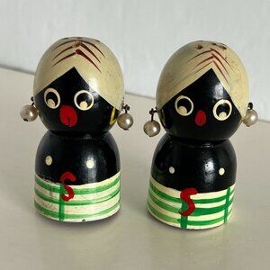 Wooden Woman Couple Salt Shakers Anthropomorphic Hand Painted Japan Cork Lot 2